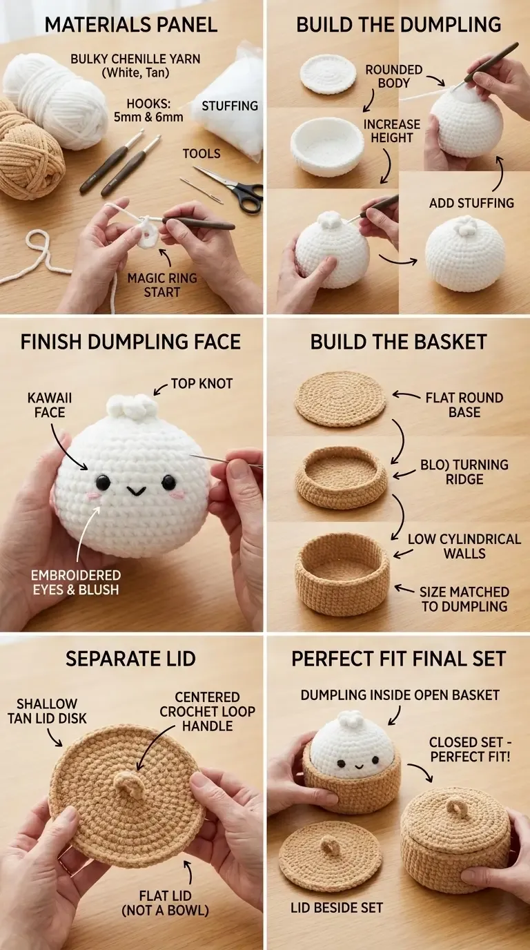 HookElla construction guide showing the dumpling, fitted basket base and walls, flat removable lid, and finished set
