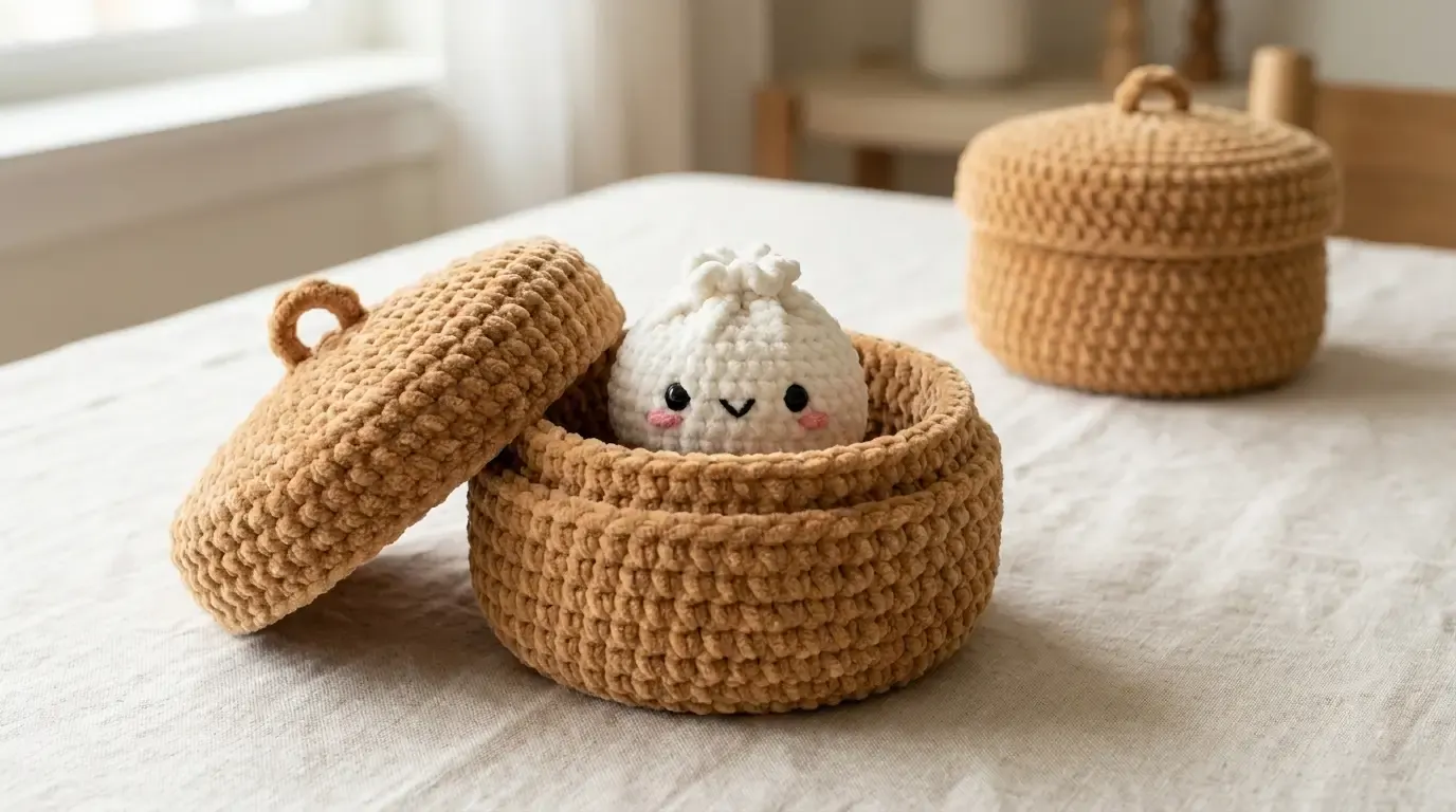 White crochet dumpling with a kawaii face inside a brown lidded crochet basket