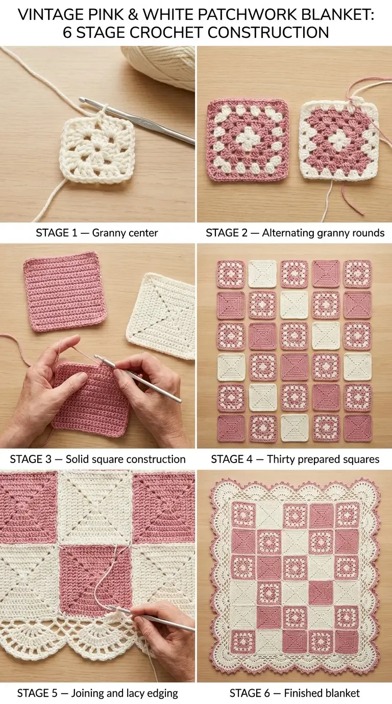 HookElla construction infographic showing alternating granny squares and solid crochet squares, a 30-square layout, flat joining, and the finished fan-lace scalloped border