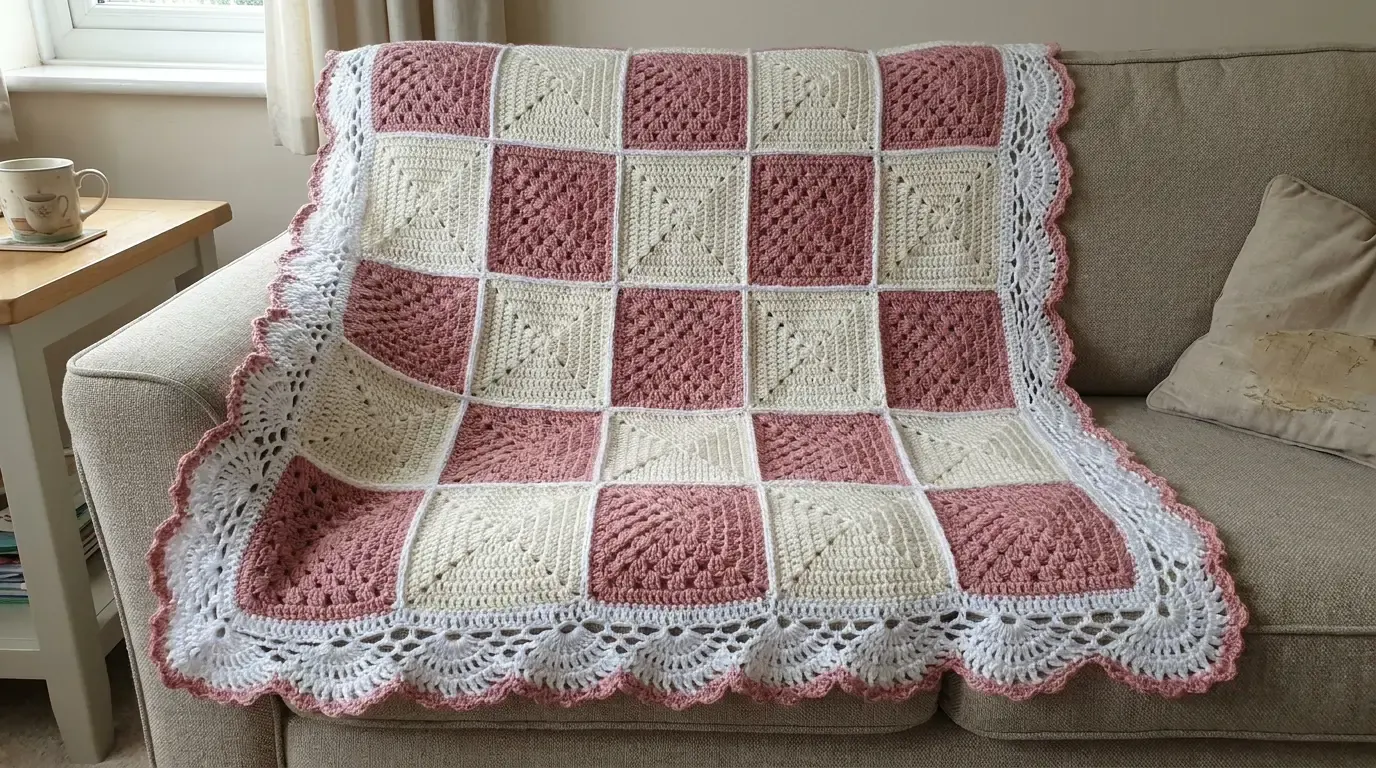 Vintage pink and white crochet patchwork blanket draped over a sofa, with alternating square textures and a wide white lace border edged in dusty-pink scallops