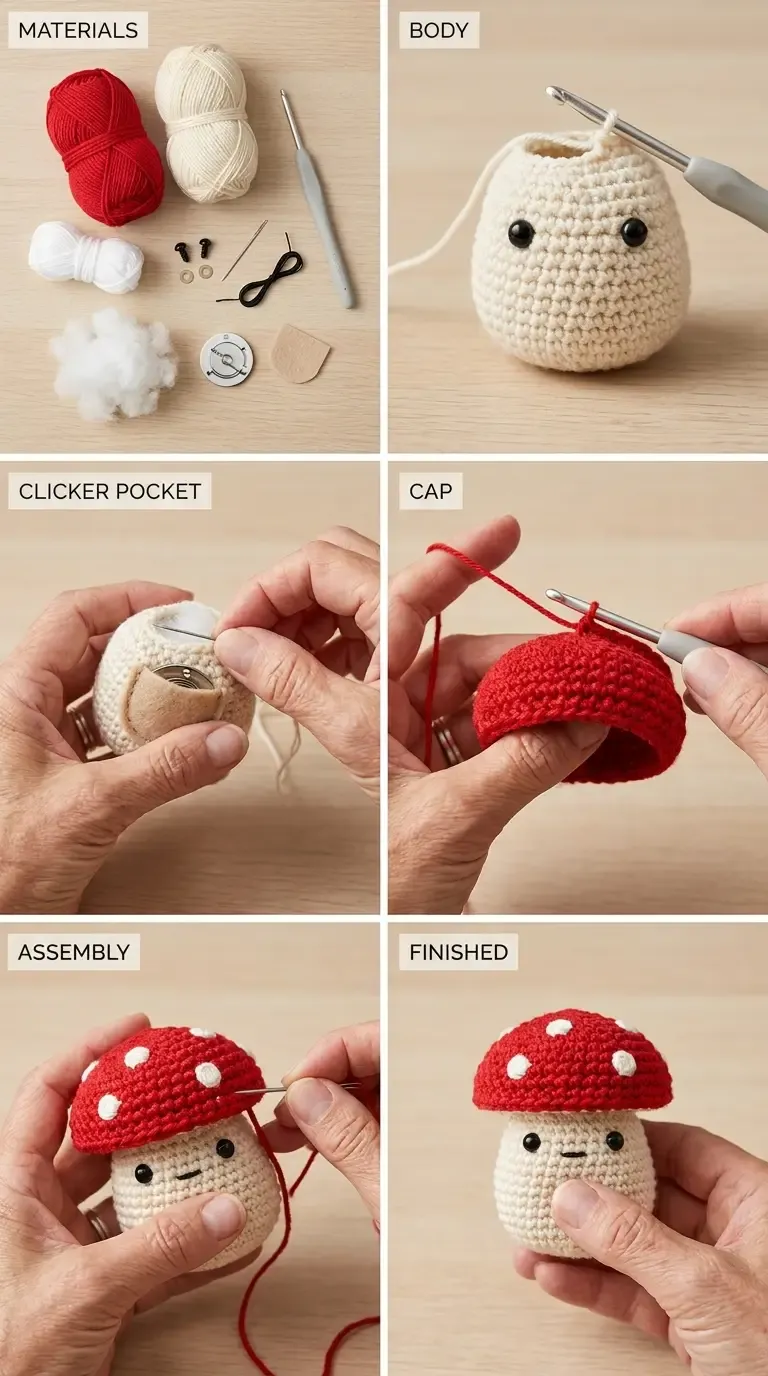 Construction overview for the Pocket Pop Mushroom Clicker showing materials, cream body, felt clicker pocket, red cap, assembly, and finished amigurumi