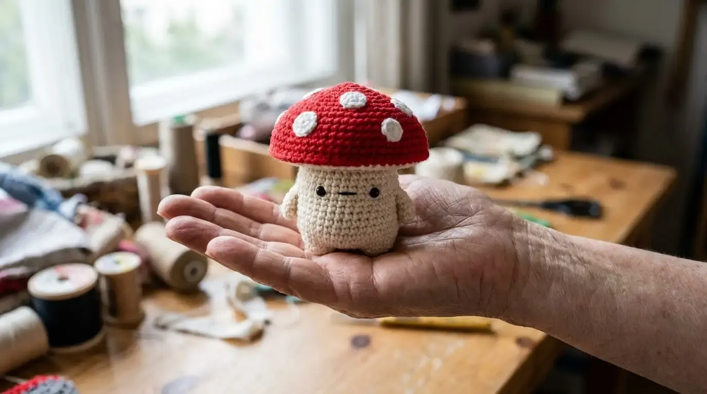 Small cream crochet mushroom with a red cap and white spots resting in an open hand