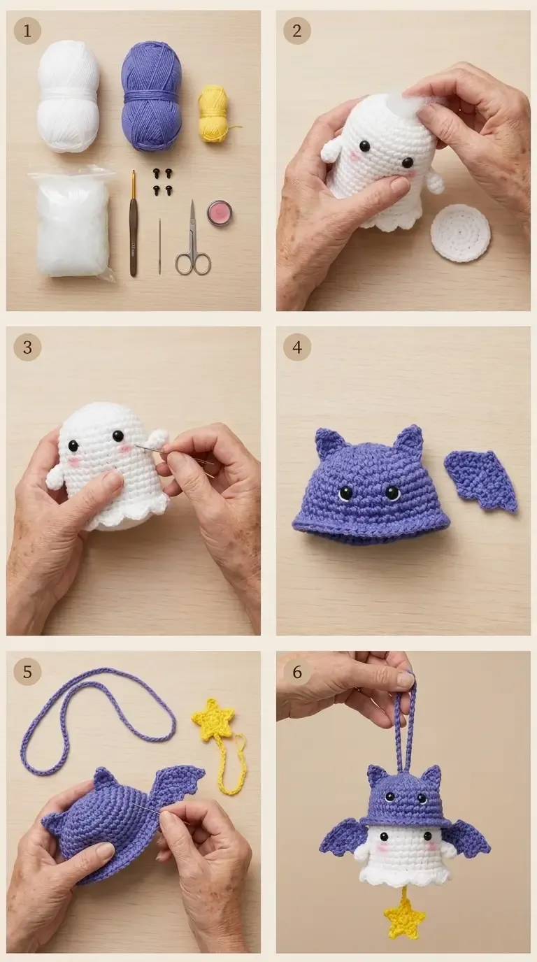 Six-step visual overview of the Puff Ghostie Bat crochet ornament, from materials and the stuffed ghost through the purple bat hood, wings, hanging loop, yellow star, and finished assembly