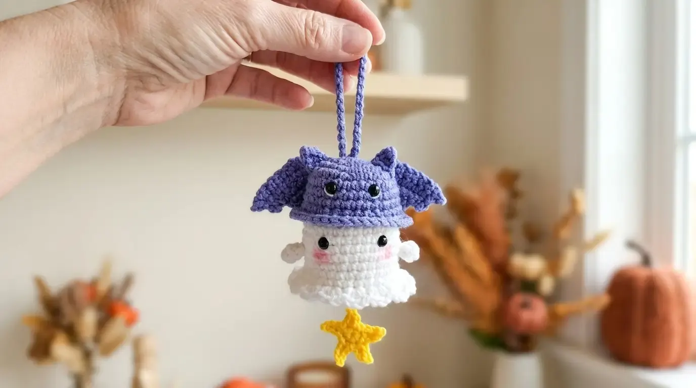 Hand holding a small white crochet ghost wearing a purple bat hood with wings, black eyes, a purple hanging loop, and a yellow star charm