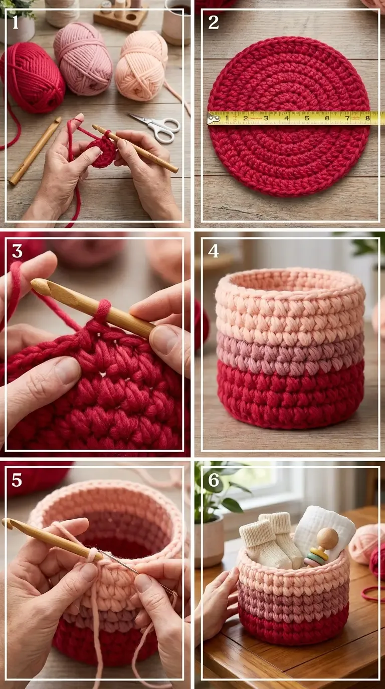 HookElla construction guide for the Puffy Heart Crochet Basket showing size 6 yarn, circular base growth, seven-loop puff stitch, color-blocked walls, finishing, and nursery storage