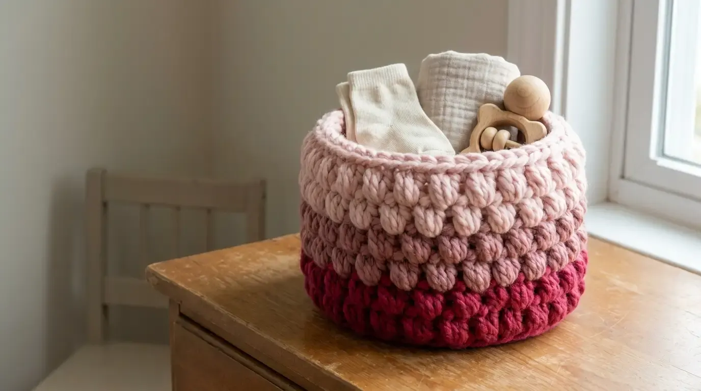 Puffy Heart Crochet Basket in raspberry, dusty rose, and pale pink stripes filled with baby socks, a cloth, and a wooden rattle