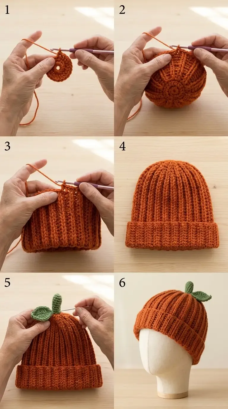 Six illustrative construction stages for the burnt-orange Pumpkin Ridge beanie, showing the crown, raised body ridges, folded cuff, and sewn-on green stem and leaf