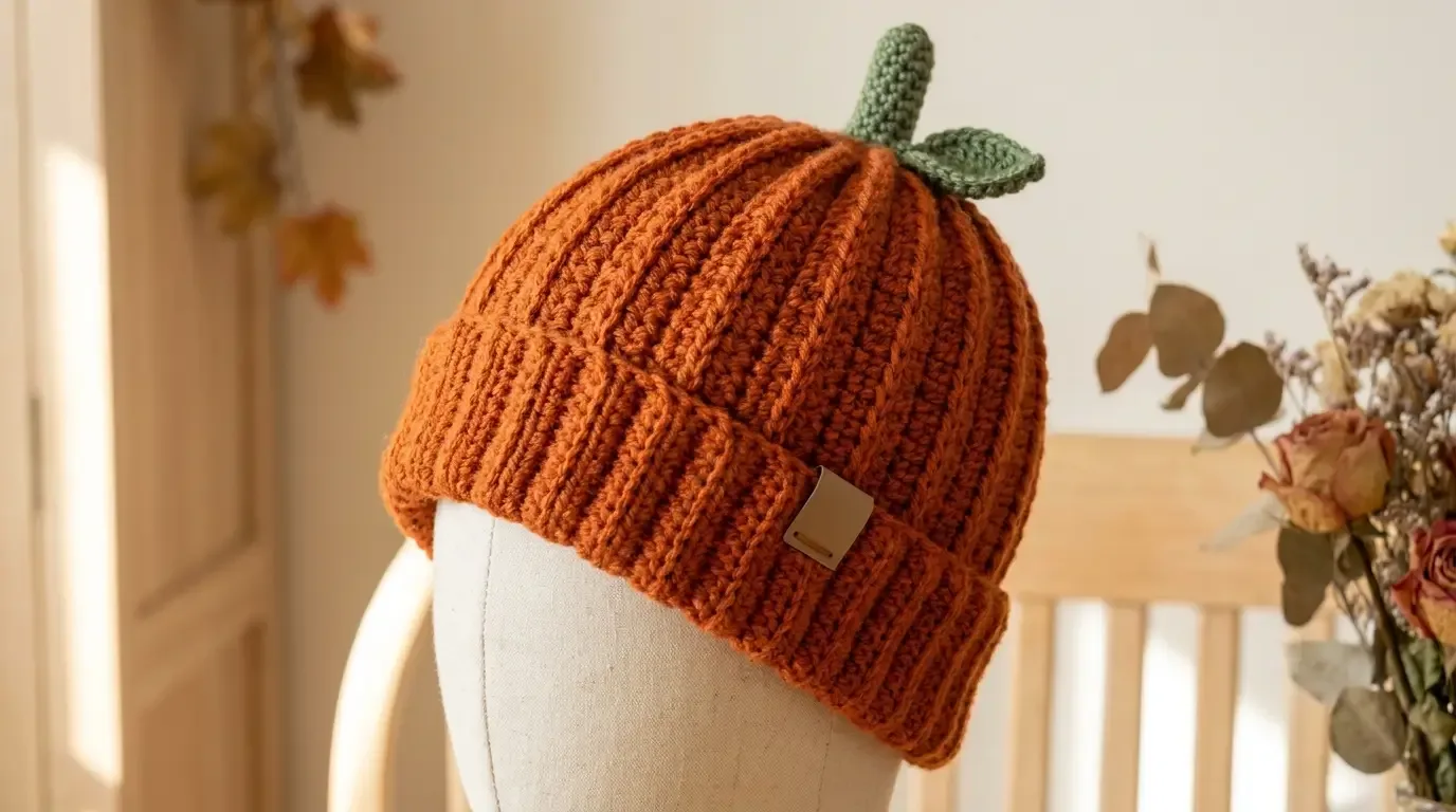 Burnt-orange crochet pumpkin beanie with raised vertical ridges, a folded ribbed brim, and a small green stem and leaf on a mannequin