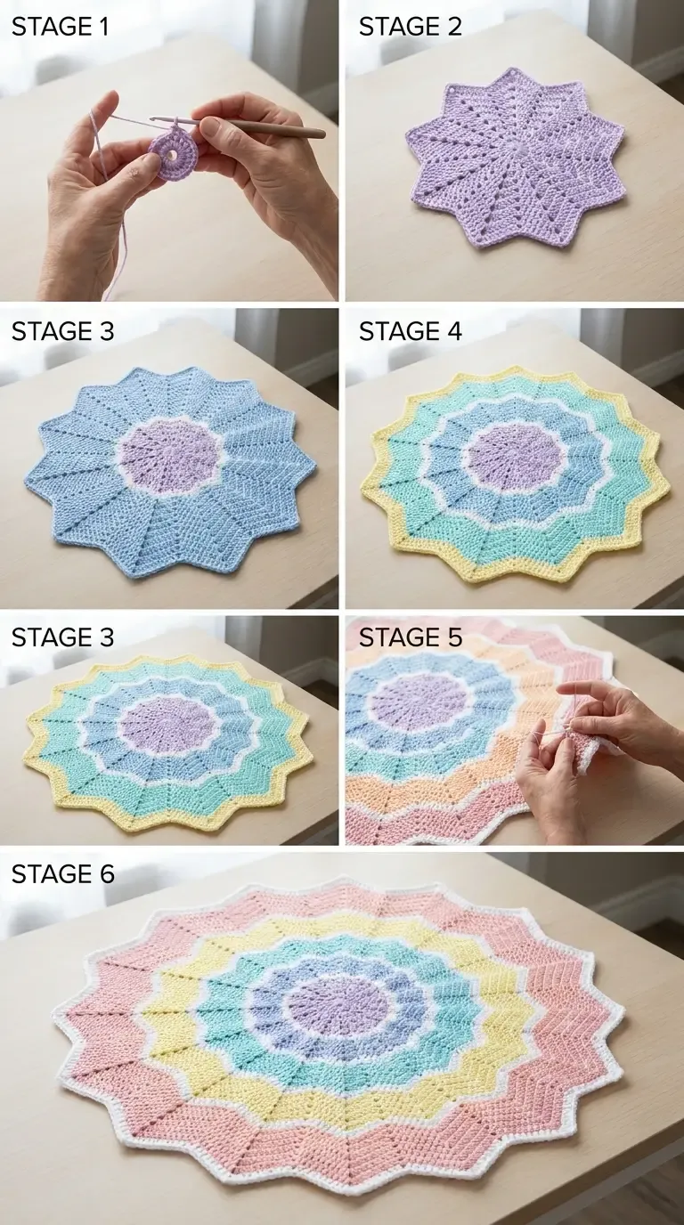 Construction overview of a pastel 12-point crochet star blanket growing from a lavender center through ripple color bands to a white edge