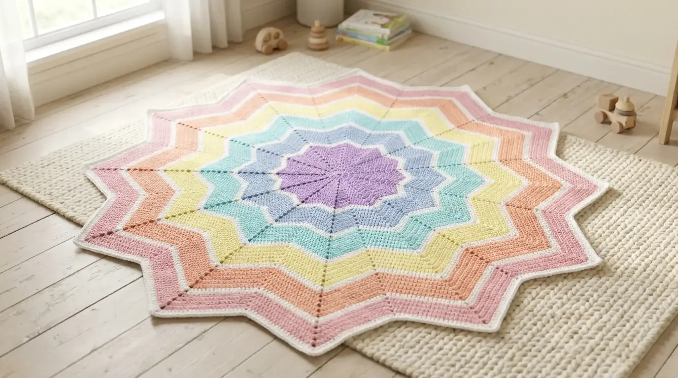 Pastel 12-point star crochet baby blanket spread on a nursery floor with lavender, blue, aqua, lemon, peach, pink, and white bands