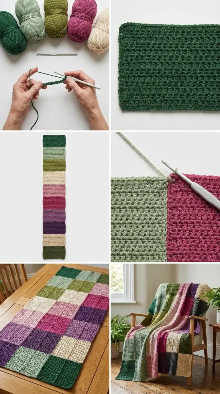 HookElla construction guide showing DK yarn, cluster-texture swatch, vertical colour blocks, slip-stitch joining, optional border, and finished Rainforest blanket