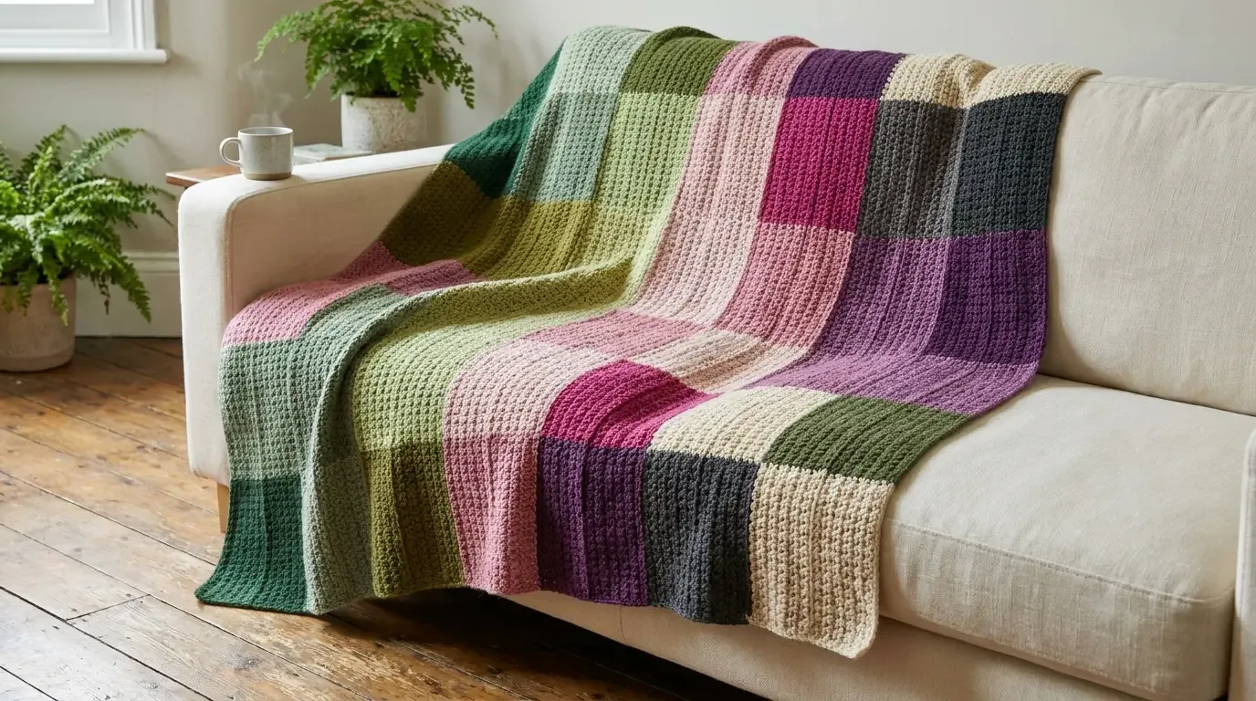Colourful Rainforest patchwork crochet blanket draped over a sofa in green, pink, purple, cream, and charcoal blocks
