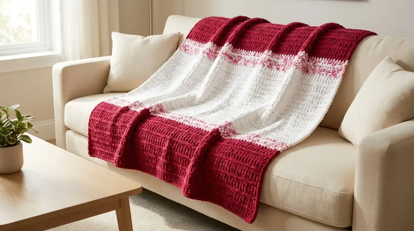Raspberry red and cream textured chenille crochet blanket with strawberry-speckled pink-and-white transition bands draped over a sofa