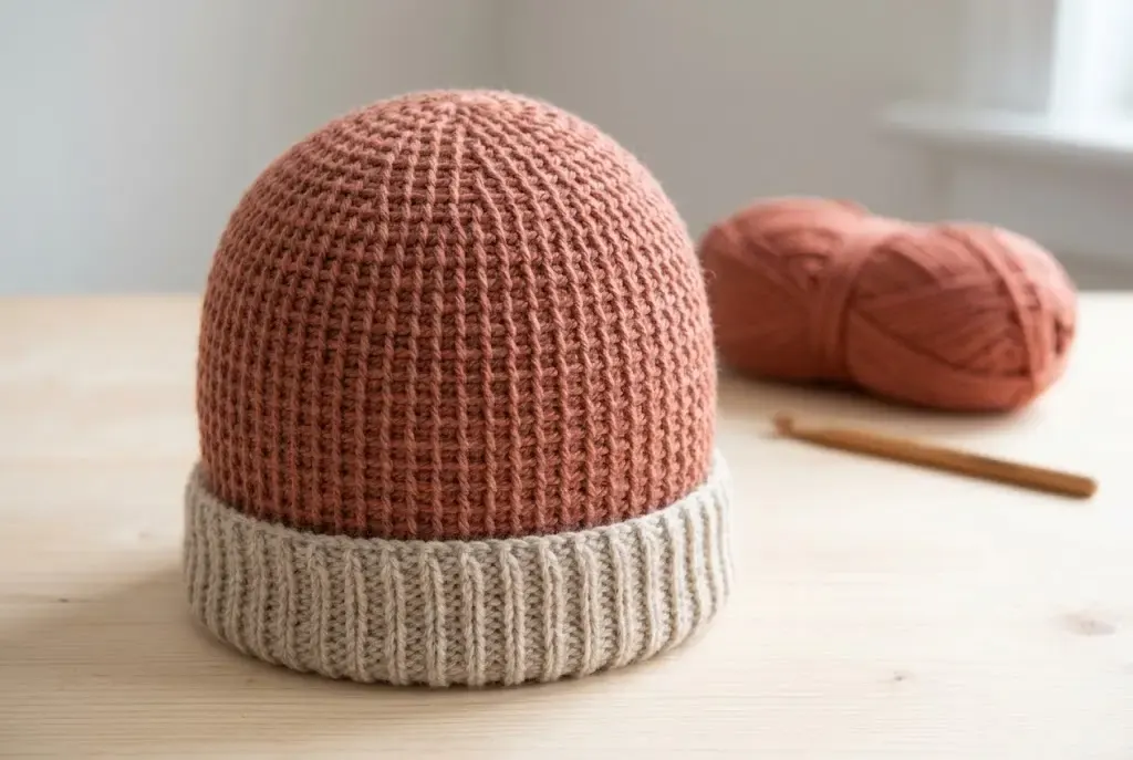 Finished dusty rose ribbed crochet beanie with a folded cream cuff on a light wooden table
