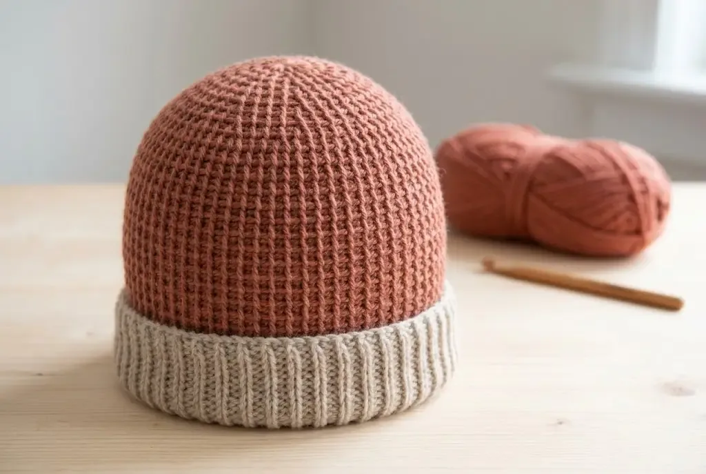 Finished dusty rose ribbed crochet beanie with a folded cream cuff on a light wooden table