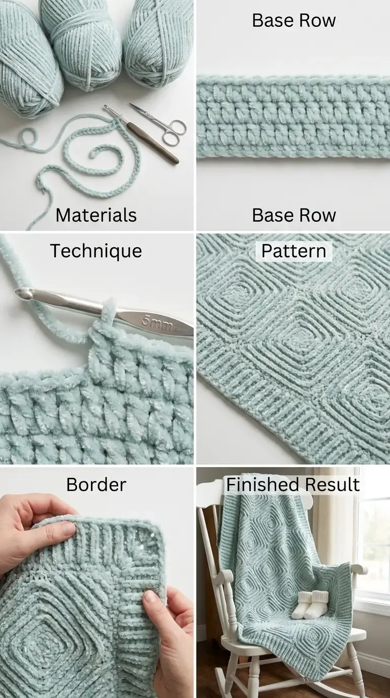 HookElla construction guide showing Bernat Baby Velvet, chain-115 foundation, post-stitch diamond texture, ribbed border, and finished baby blanket