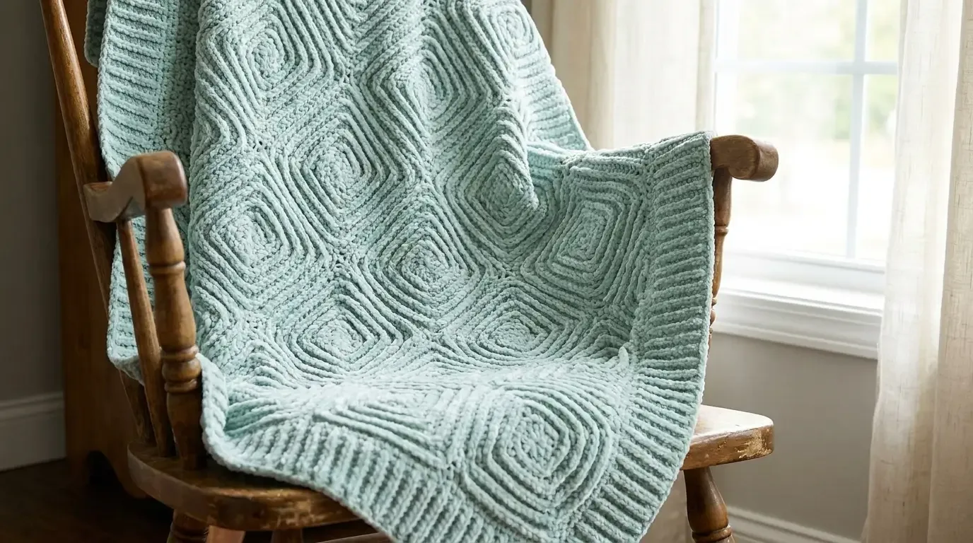 Seafoam ribbed diamond crochet baby blanket draped over a wooden rocking chair