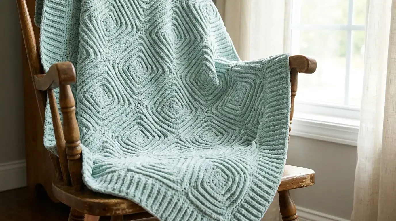 Seafoam ribbed diamond crochet baby blanket draped over a wooden rocking chair
