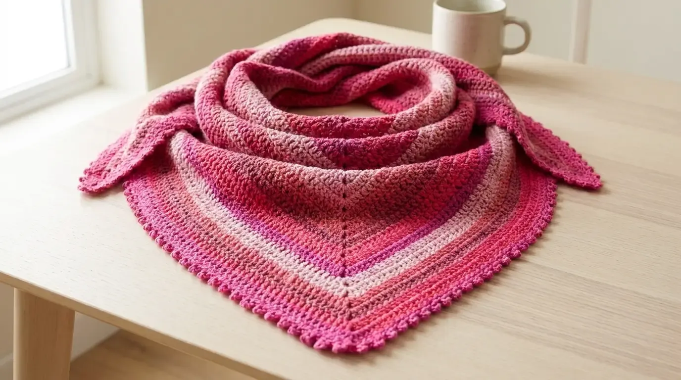 Pink ombré double-crochet triangle shawl with picot points along its diagonal sides, draped on a pale wooden table