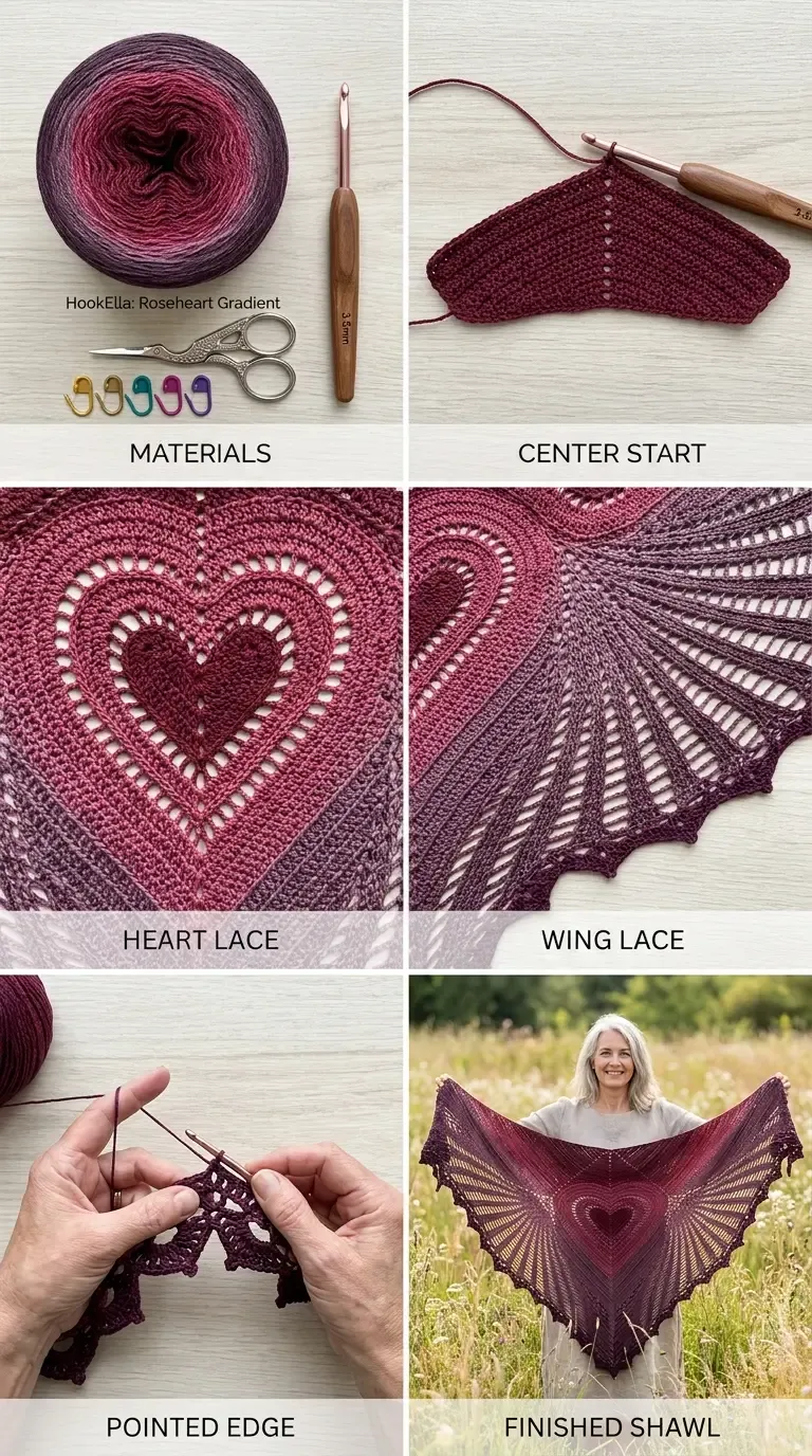 Six-panel HookElla construction guide showing gradient yarn, centre start, nested heart lace, wing windows, pointed edging, and the finished Roseheart Wing Shawl