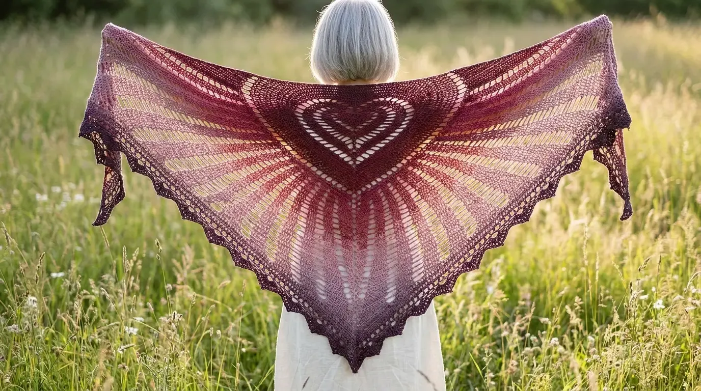 Woman holding a wide burgundy rose and plum Roseheart Wing crochet shawl with central heart lace in a sunlit meadow