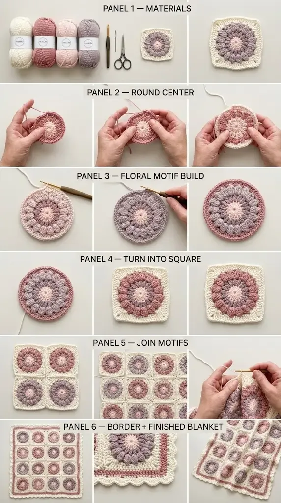 HookElla construction guide showing the four yarn colors, floral center rounds, cream square frame, joined motif grid, and scalloped border