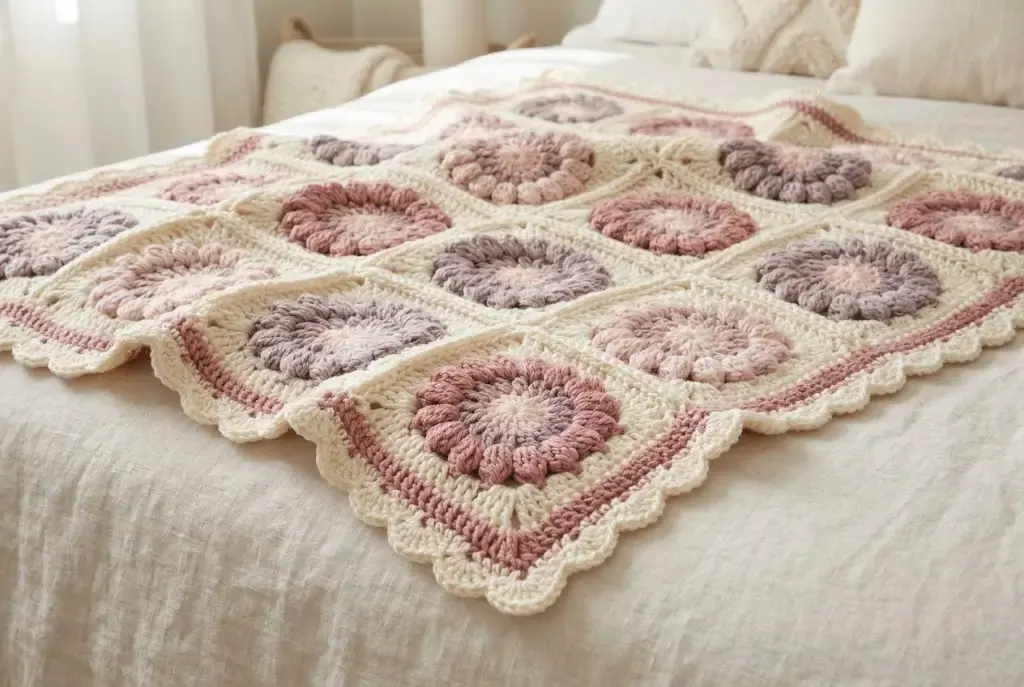 Rosy Heirloom crochet baby blanket with cream-framed floral motifs in blush, dusty rose, and muted lavender finished with a cream scalloped border