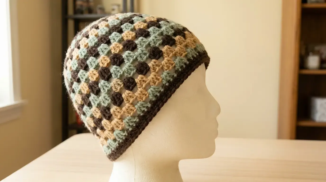 Adult crochet beanie in sage green, coffee brown, and buff granny clusters, shown on a foam head form