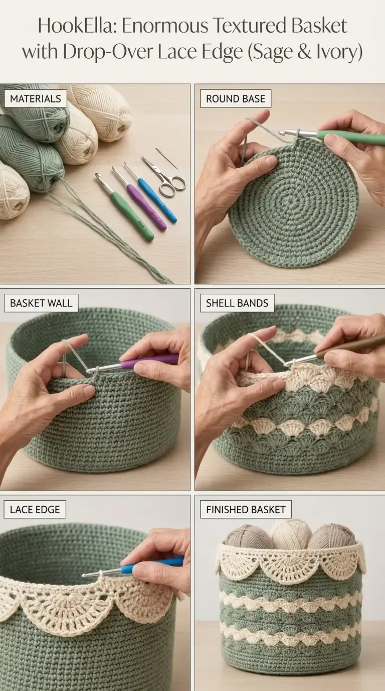 Construction guide showing the Sage &amp; Ivory Textured Crochet Basket materials, round base, body walls, shell bands, lace edge, and finished basket