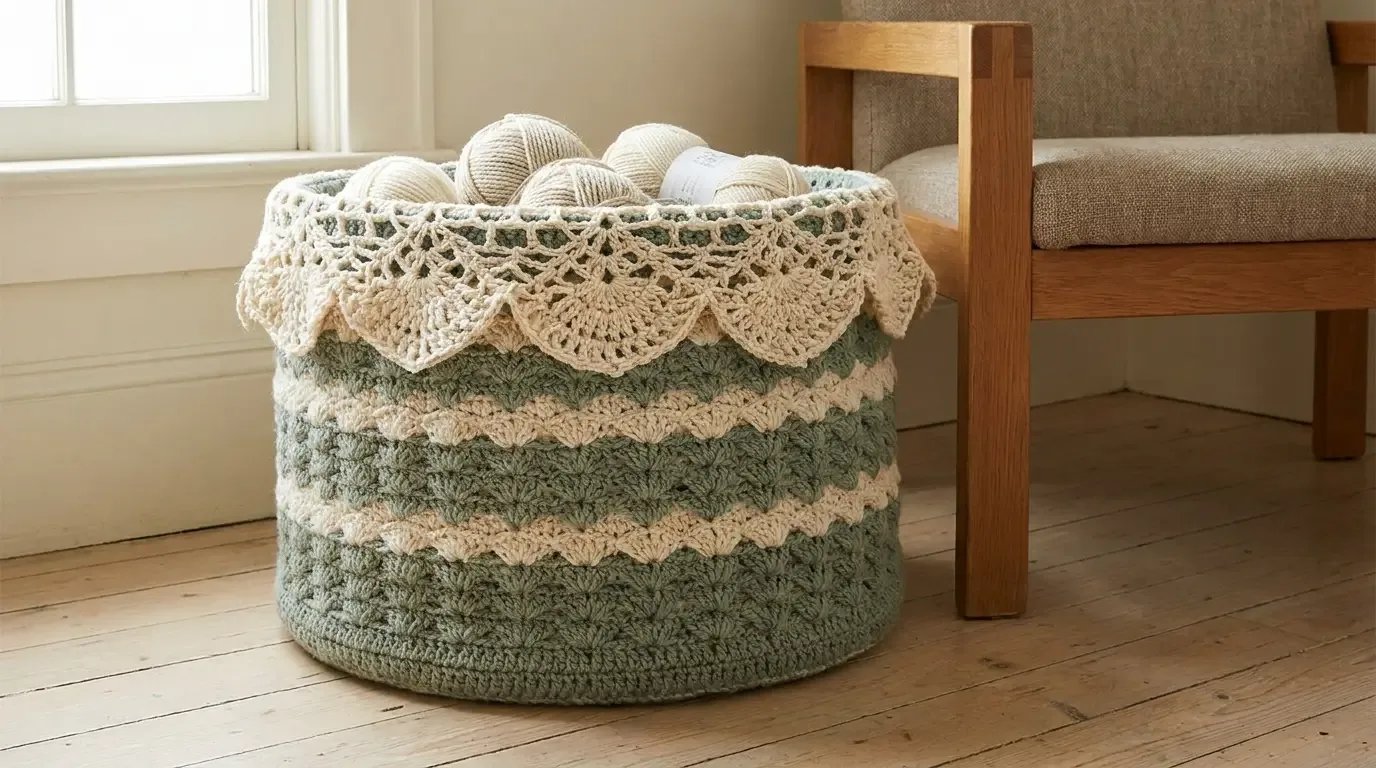 Large round sage-green crochet basket with two ivory shell-texture bands, a solid sage upper section, and a warm ivory fan-lace rim, filled with yarn beside a wooden chair