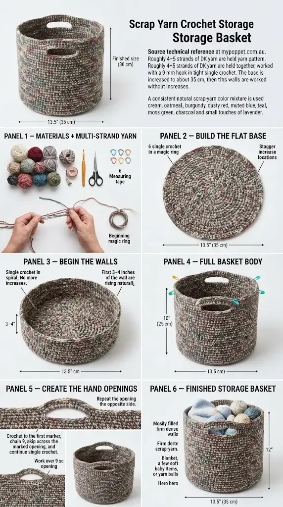 HookElla construction guide showing the multi-strand yarn bundle, six-stitch magic-ring base, flat circular increases, rising spiral walls, two handle openings, and finished basket measurements
