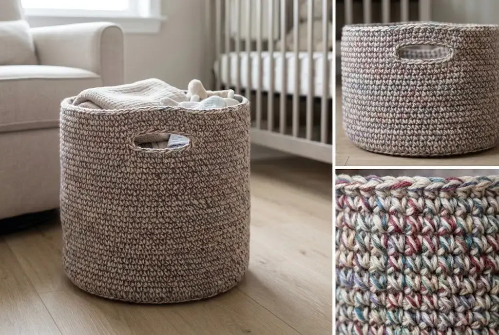 Large round scrap-yarn crochet storage basket with oval handles and dense speckled taupe fabric beside a nursery crib