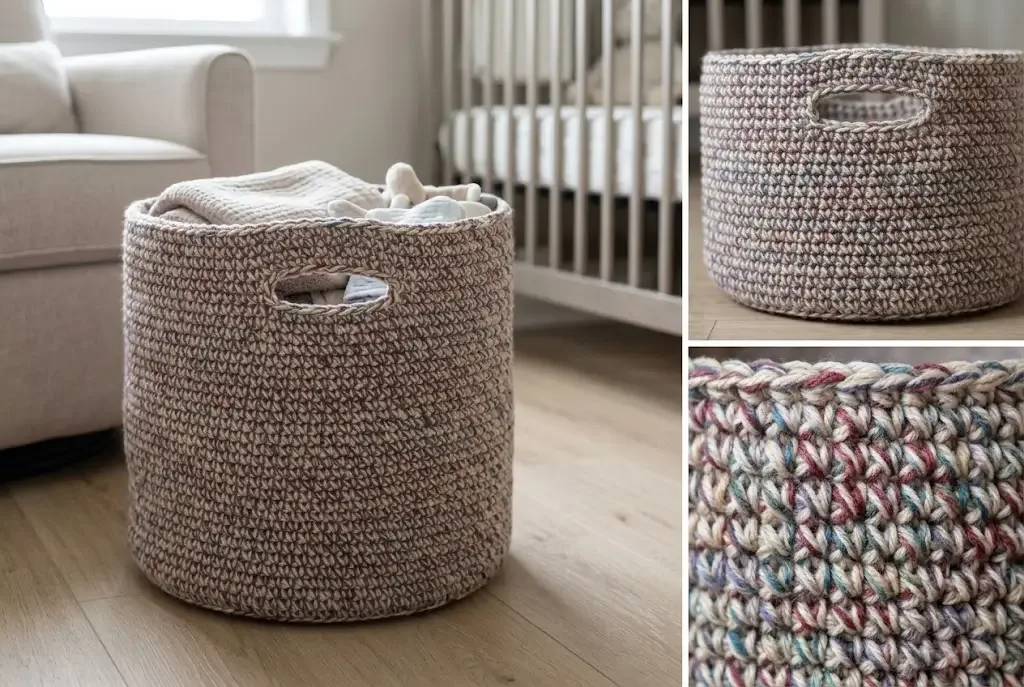 Large round scrap-yarn crochet storage basket with oval handles and dense speckled taupe fabric beside a nursery crib