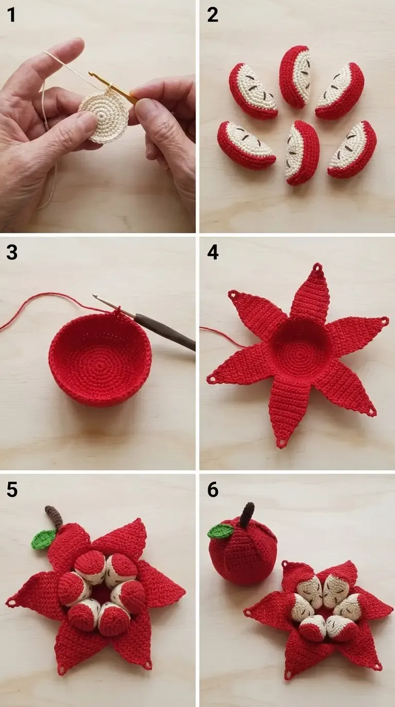 Six-stage construction guide showing the cream oval wedge face, red-backed wedges, red peel cup, six tapered connected flaps, stem and leaf, and the open apple
