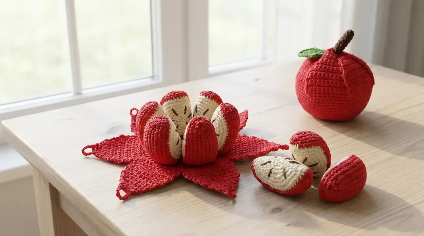 Small red crochet apple opened into six cream-faced wedges beside its closed apple form, with a brown stem and green leaf