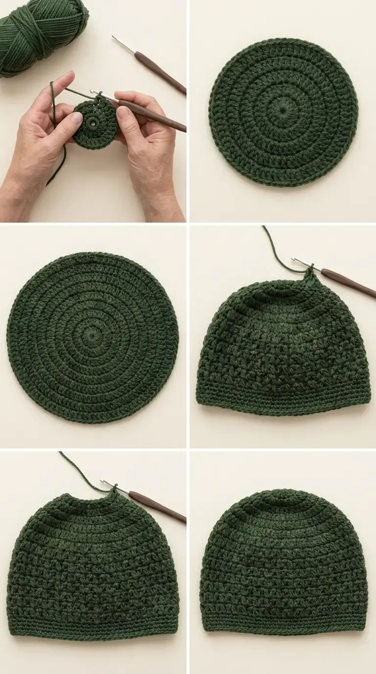Visual construction overview of a green crochet hat worked from a circular crown through textured joined rounds to the finished brim