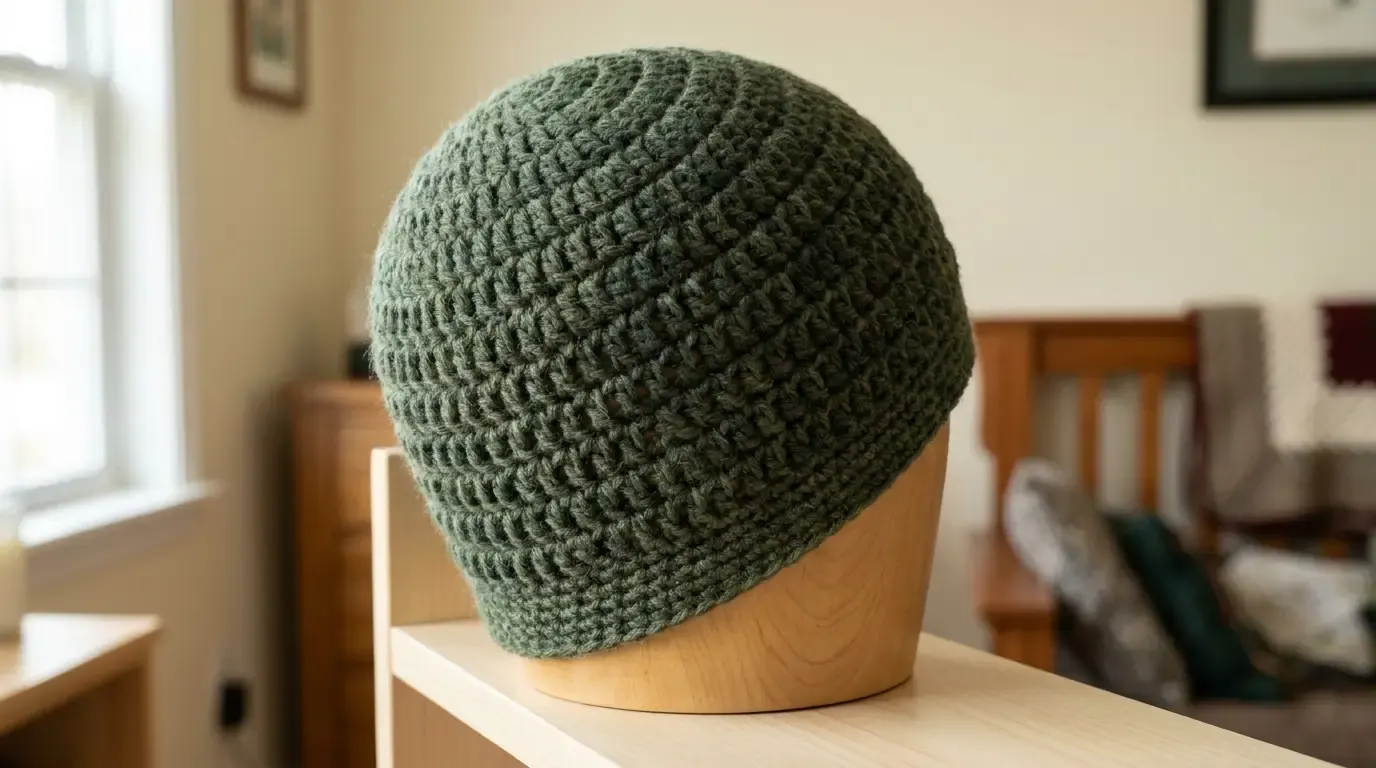Soft green crochet hat displayed on a wooden hat form in a warm home interior