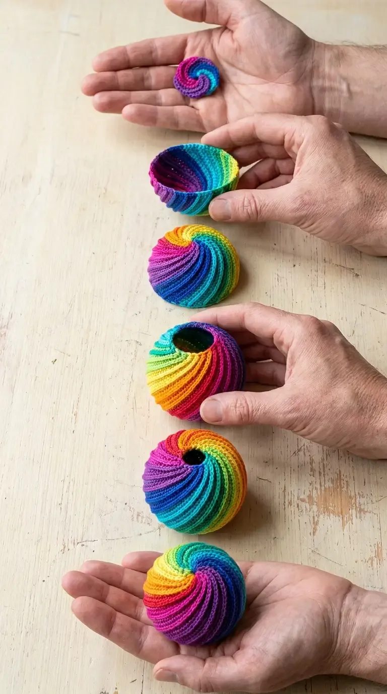 Visual construction overview of a crochet spiral rainbow ball progressing from a small spiral start to ribbed shell sections and a finished sphere