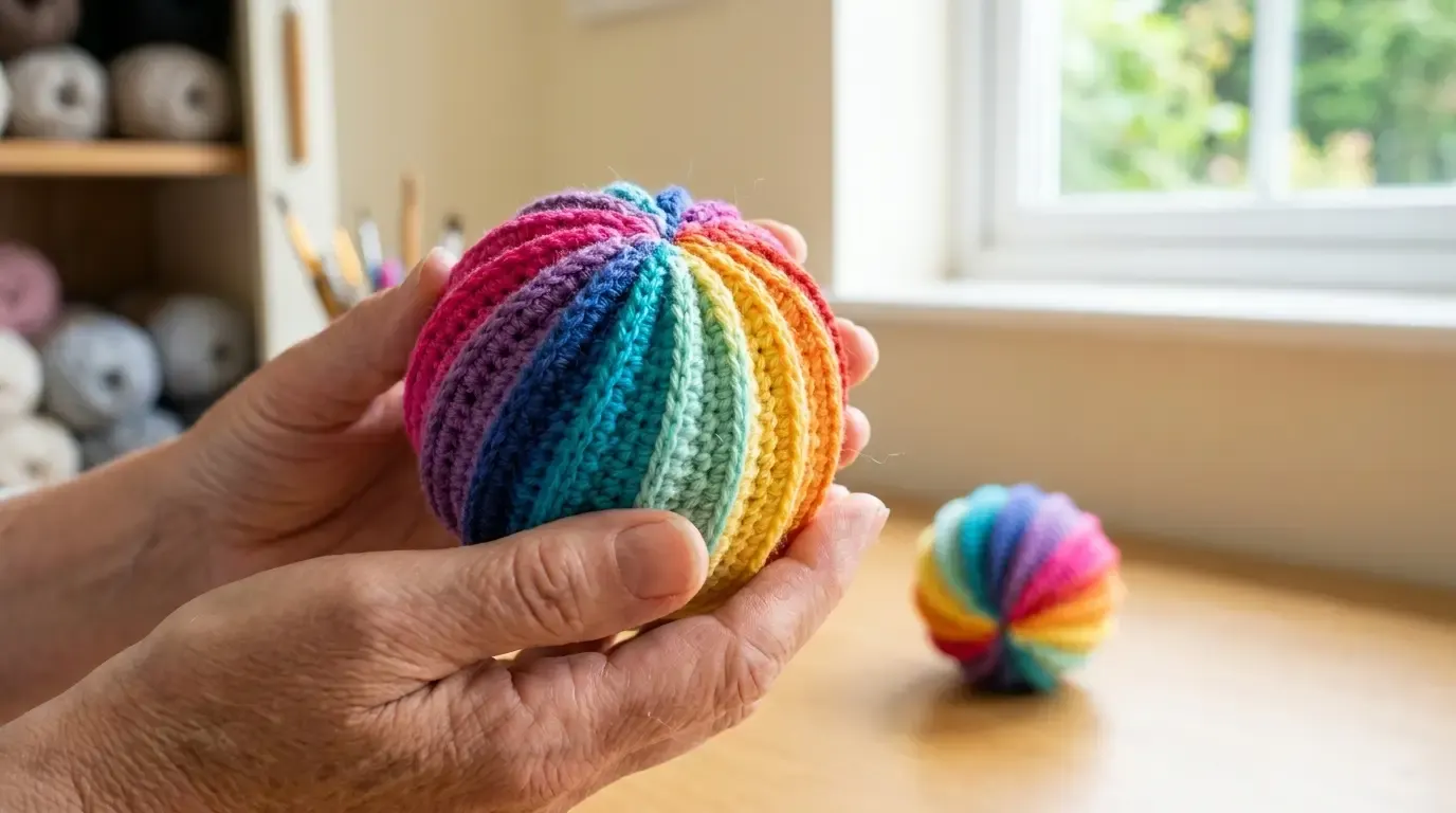 Hands holding a compact crochet spiral rainbow ball with vivid curved color ribs