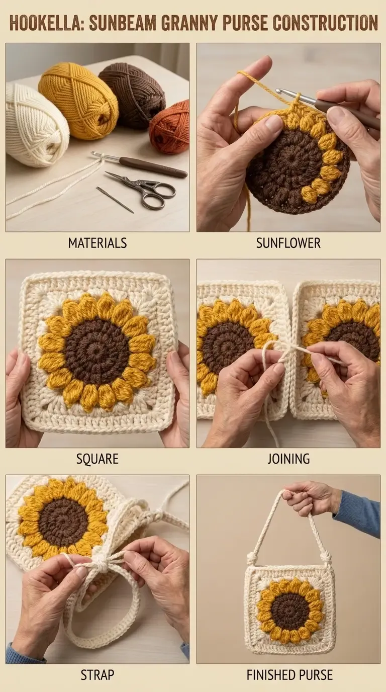Construction overview showing the sunflower center and petals, square panels, joining, strap, and finished Sunbeam Granny Purse