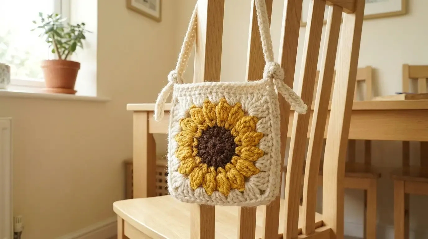 Small cream crochet purse with a raised golden sunflower and brown center, hanging from a crocheted strap tied at the upper sides