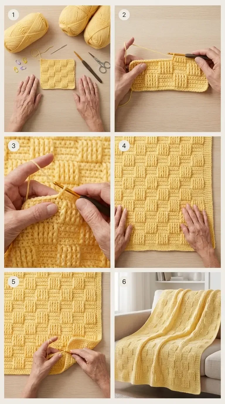 Numbered six-step construction guide for the Sunlit Block Textured Blanket showing yarn and swatch, foundation, post-stitch detail, blanket body, border, and finished throw