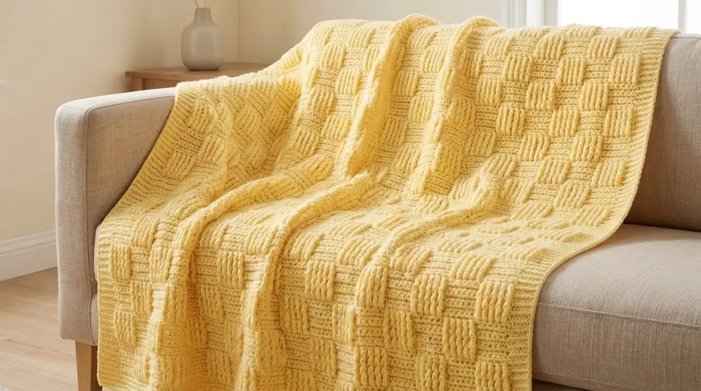 Vanilla-honey yellow crochet blanket with staggered raised rectangular blocks of vertical ribs draped across a neutral sofa