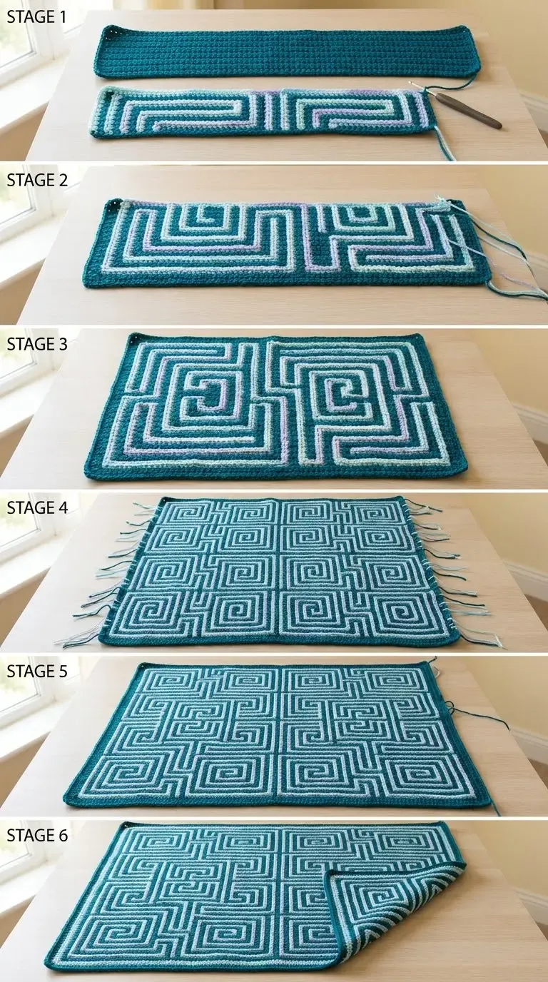Six-stage HookElla construction guide showing a teal overlay mosaic crochet blanket growing from its foundation to a double-bordered rectangle