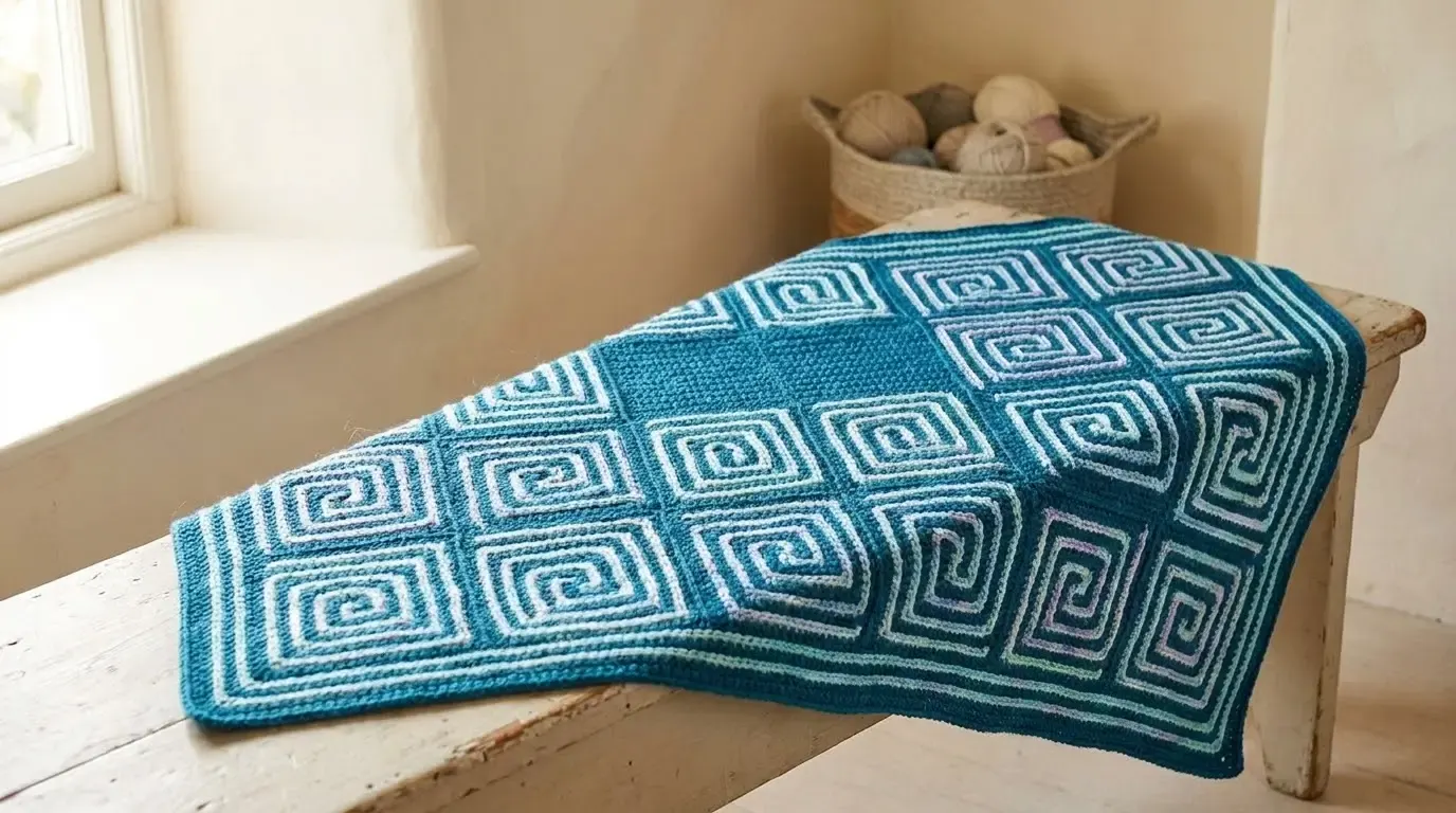 Teal Labyrinth overlay mosaic crochet blanket with raised aqua blue white and lilac pathways draped across a rustic wooden bench