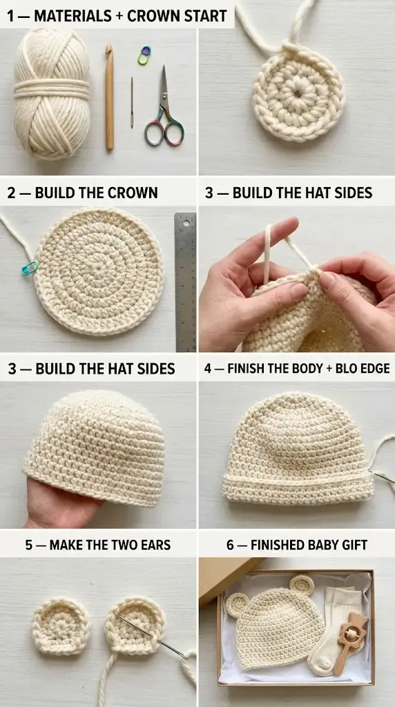 HookElla visual overview of a cream teddy-ear crochet baby hat, from crown and side rounds to the BLO edge, separate ears, and finished gift box