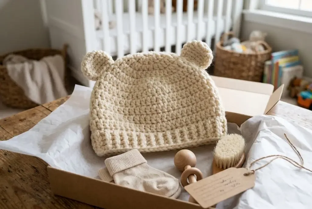 Warm vanilla cream teddy-ear crochet baby hat arranged in a gift box with cream socks, a wooden rattle, baby brush, and handwritten tag