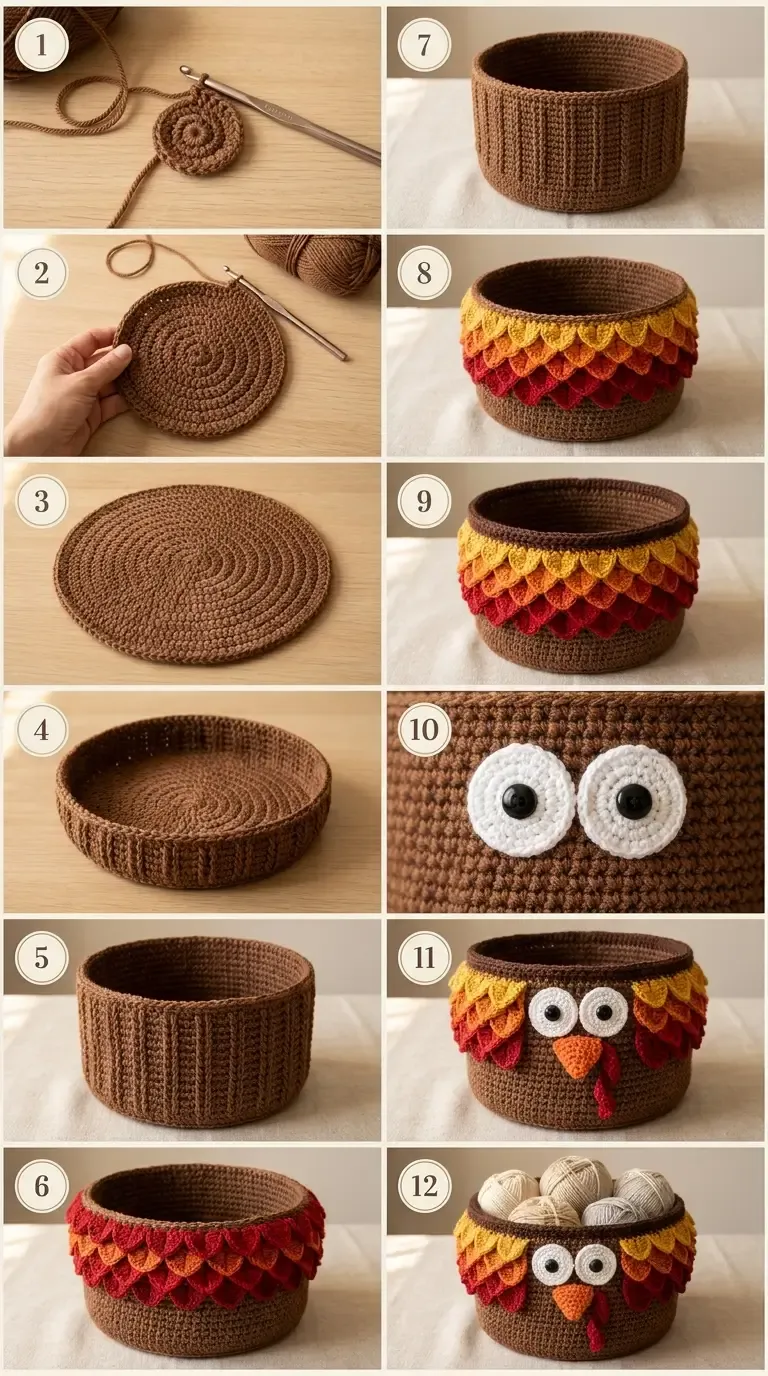 Numbered construction milestones showing the round base, upright body, layered colored scales, facial features, and finished turkey yarn basket