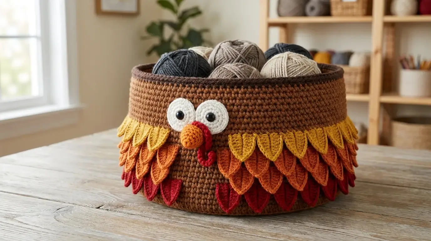 Wide brown crochet turkey yarn basket filled with yarn, layered red, orange, and golden feathers, white button-centered eyes, orange beak, and a red wattle