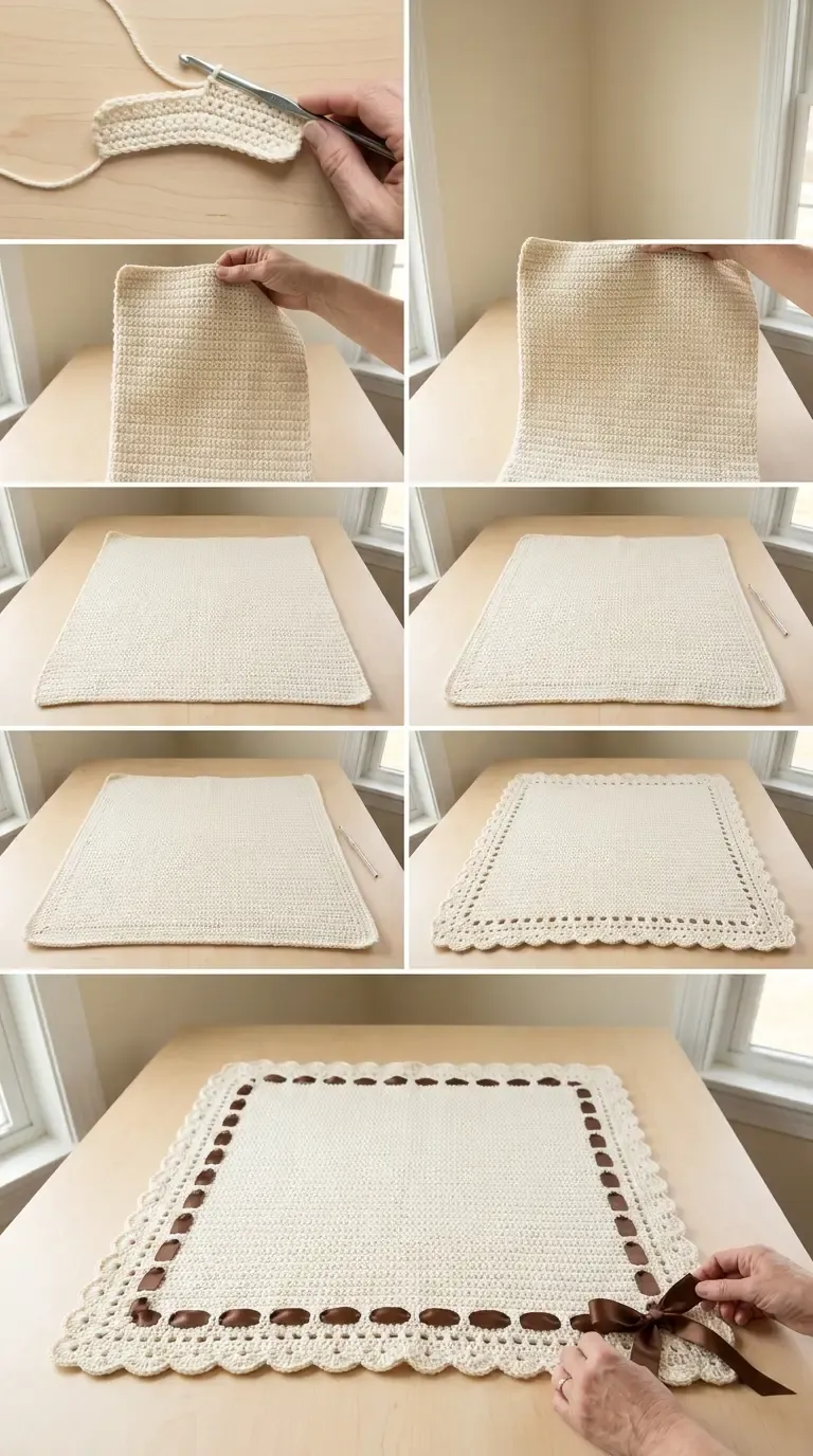 Construction overview of an ivory textured crochet baby blanket showing the square body, three-stage scalloped border, ribbon weaving, and corner bow